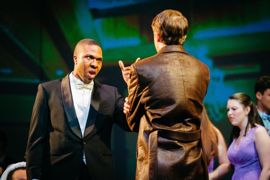 Masetto confronts Don Giovanni face to face during the wedding scene.